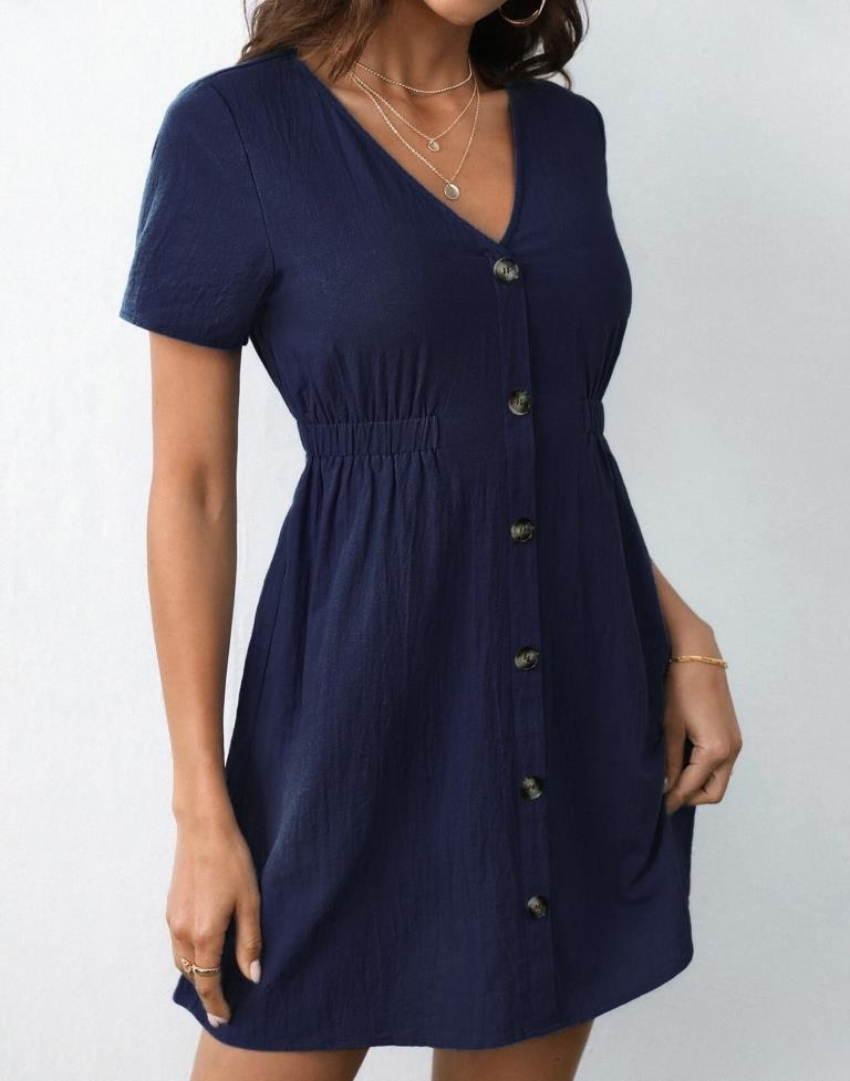 Navy Blue Rayon Plain Dress