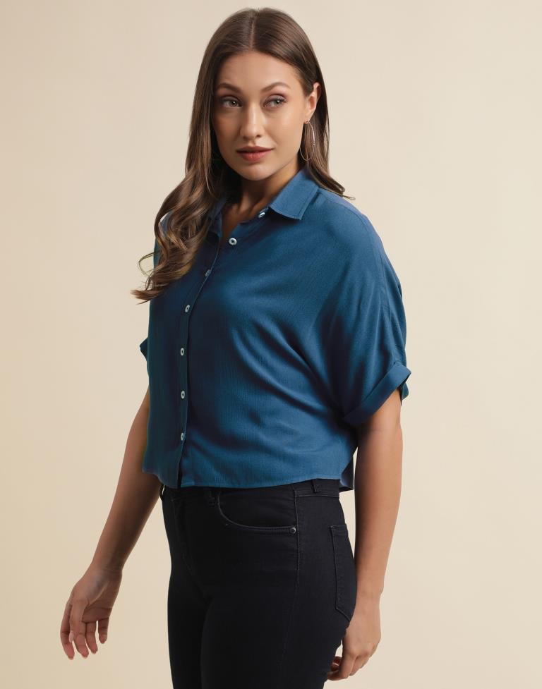 Teal Blue Casual Cotton Shirt