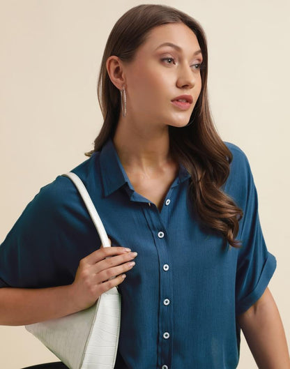 Teal Blue Casual Cotton Shirt