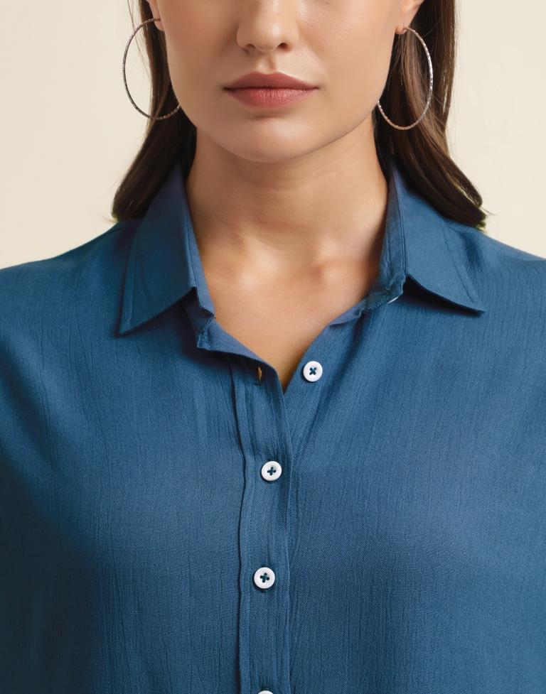 Teal Blue Casual Cotton Shirt