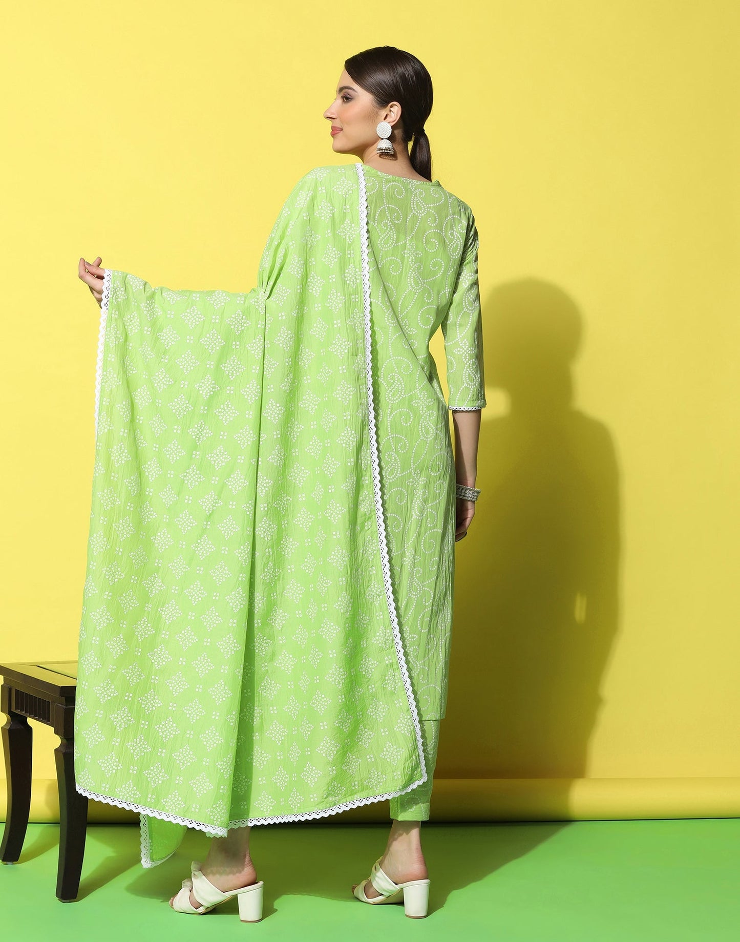 Green Printed Kurti With Pant And Dupatta | Leemboodi