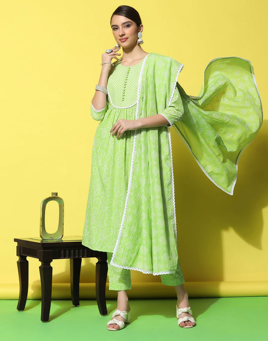 Green Printed Kurti With Pant And Dupatta | Leemboodi