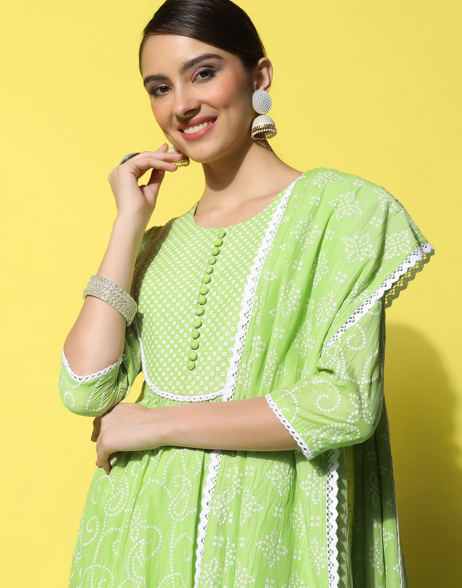 Green Printed Kurti With Pant And Dupatta | Leemboodi