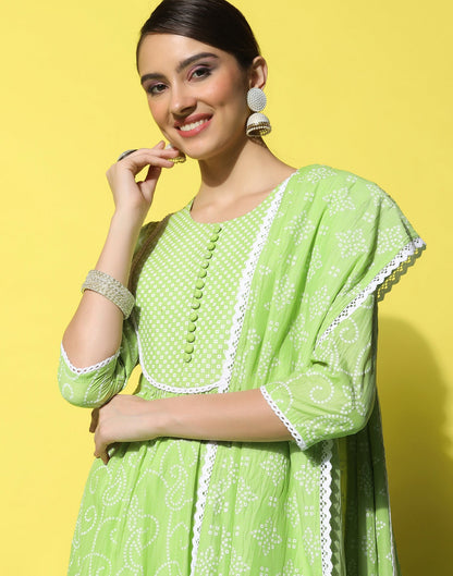 Green Printed Kurti With Pant And Dupatta | Leemboodi