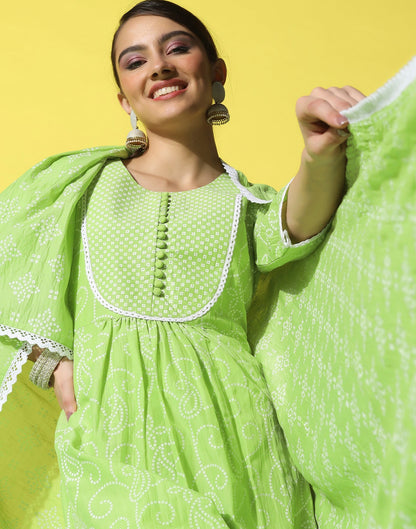 Green Printed Kurti With Pant And Dupatta | Leemboodi
