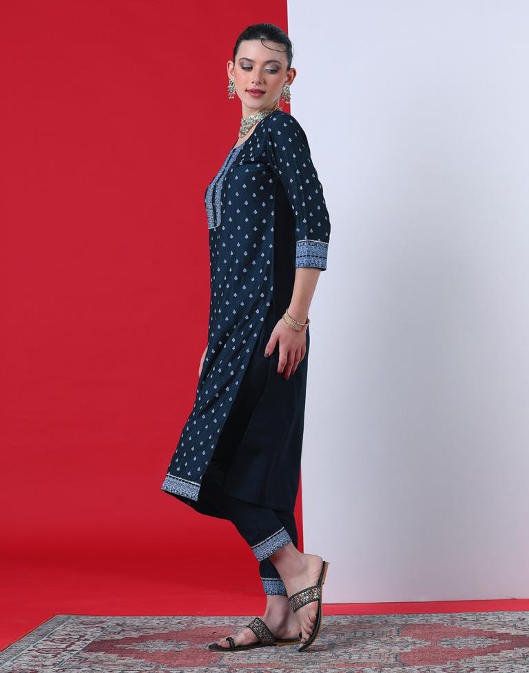 Navy Blue Printed Chinnon Straight Kurta With Pant And Dupatta