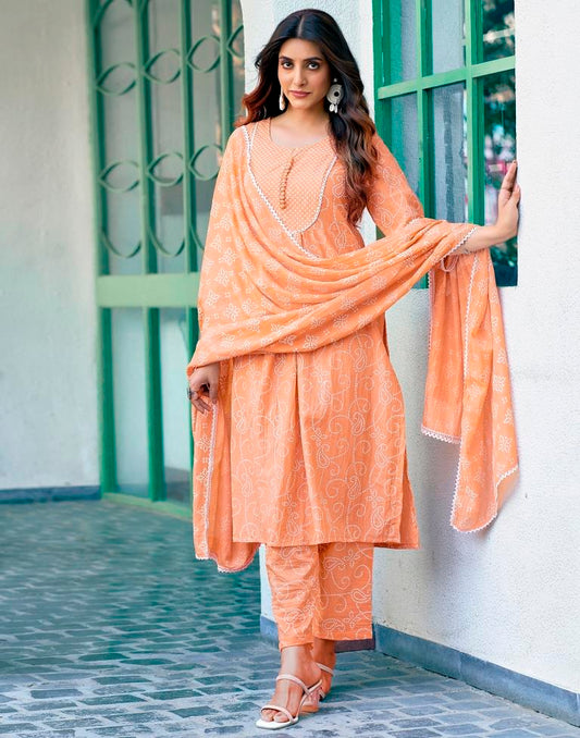 Orange Chinnon Printed Kurta Set With Dupatta