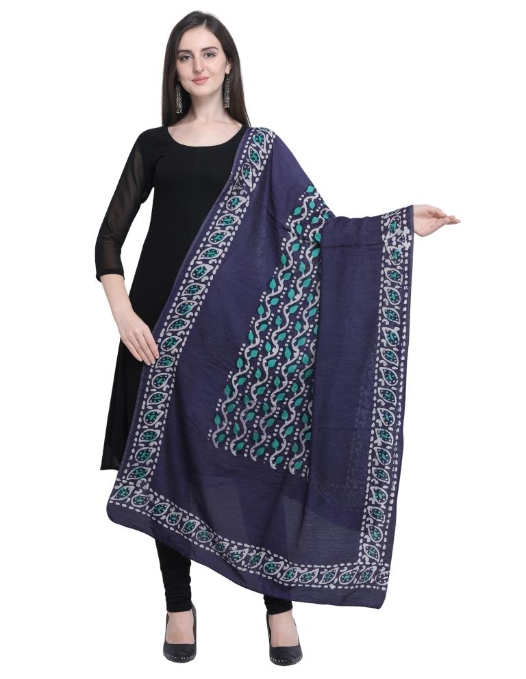 Vibrant Navy Blue, Multicolored Coloured Poly Cotton Batik Printed Dupatta | Sudathi