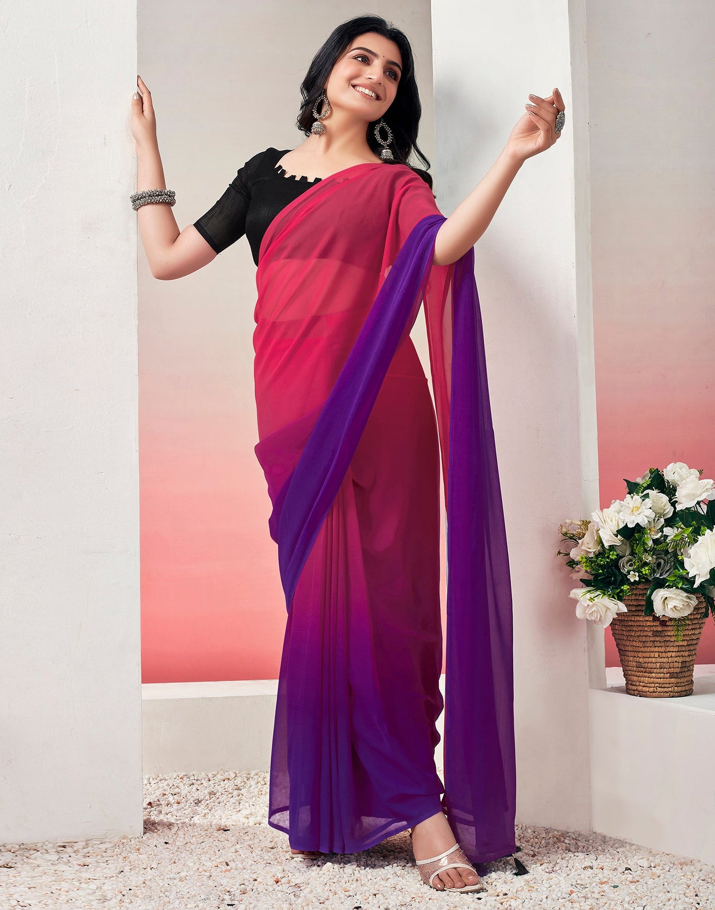 Ready to Wear Pink Georgette Plain Saree