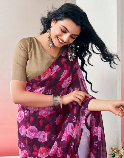 Ready to Wear Wine Georgette Printed Saree