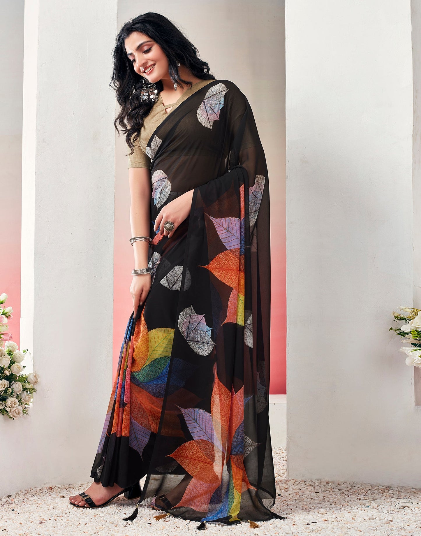 Ready to Wear Black &Multicolour Georgette Printed Saree