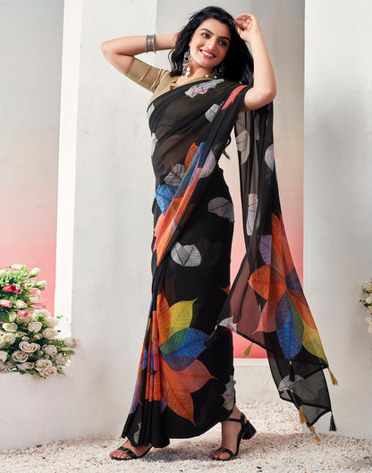 Ready to Wear Black &Multicolour Georgette Printed Saree