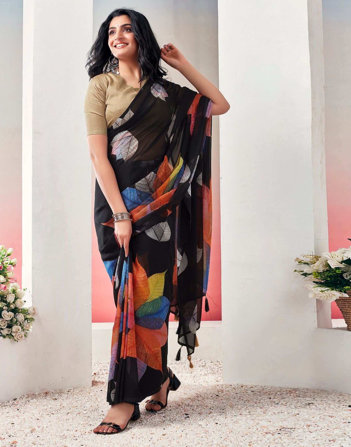 Ready to Wear Black &Multicolour Georgette Printed Saree