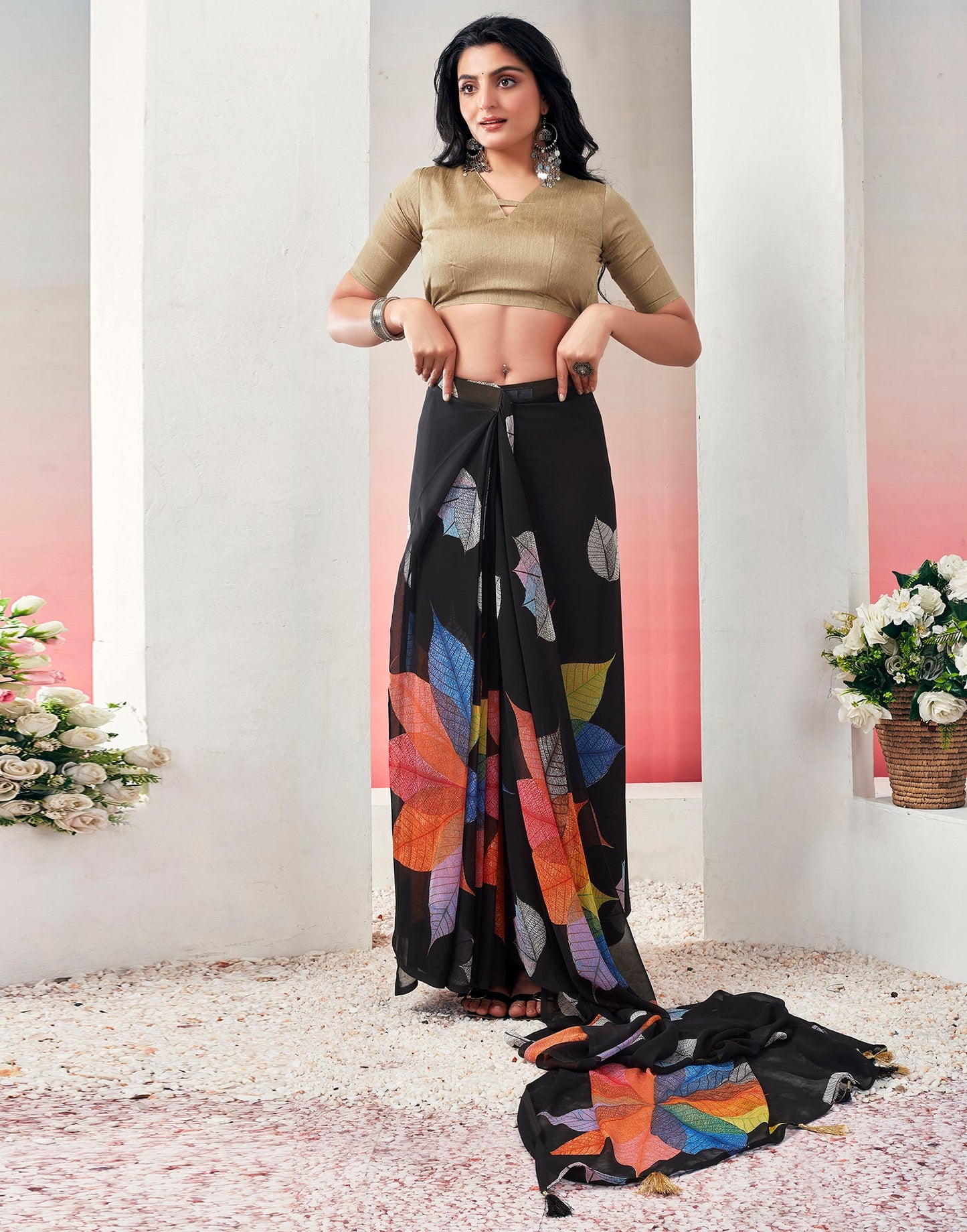 Ready to Wear Black &Multicolour Georgette Printed Saree