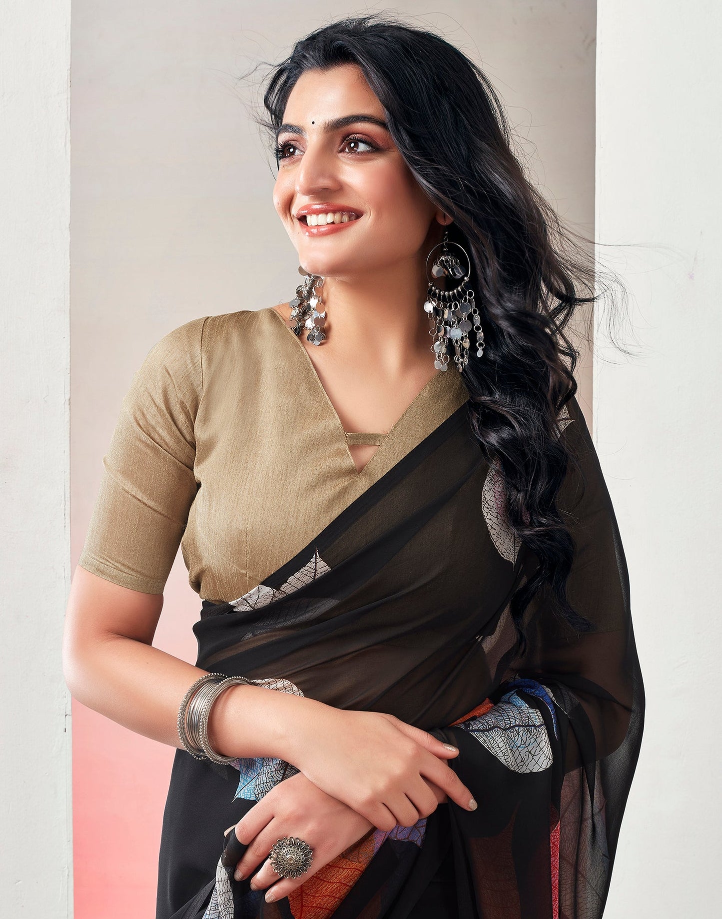 Ready to Wear Black &Multicolour Georgette Printed Saree