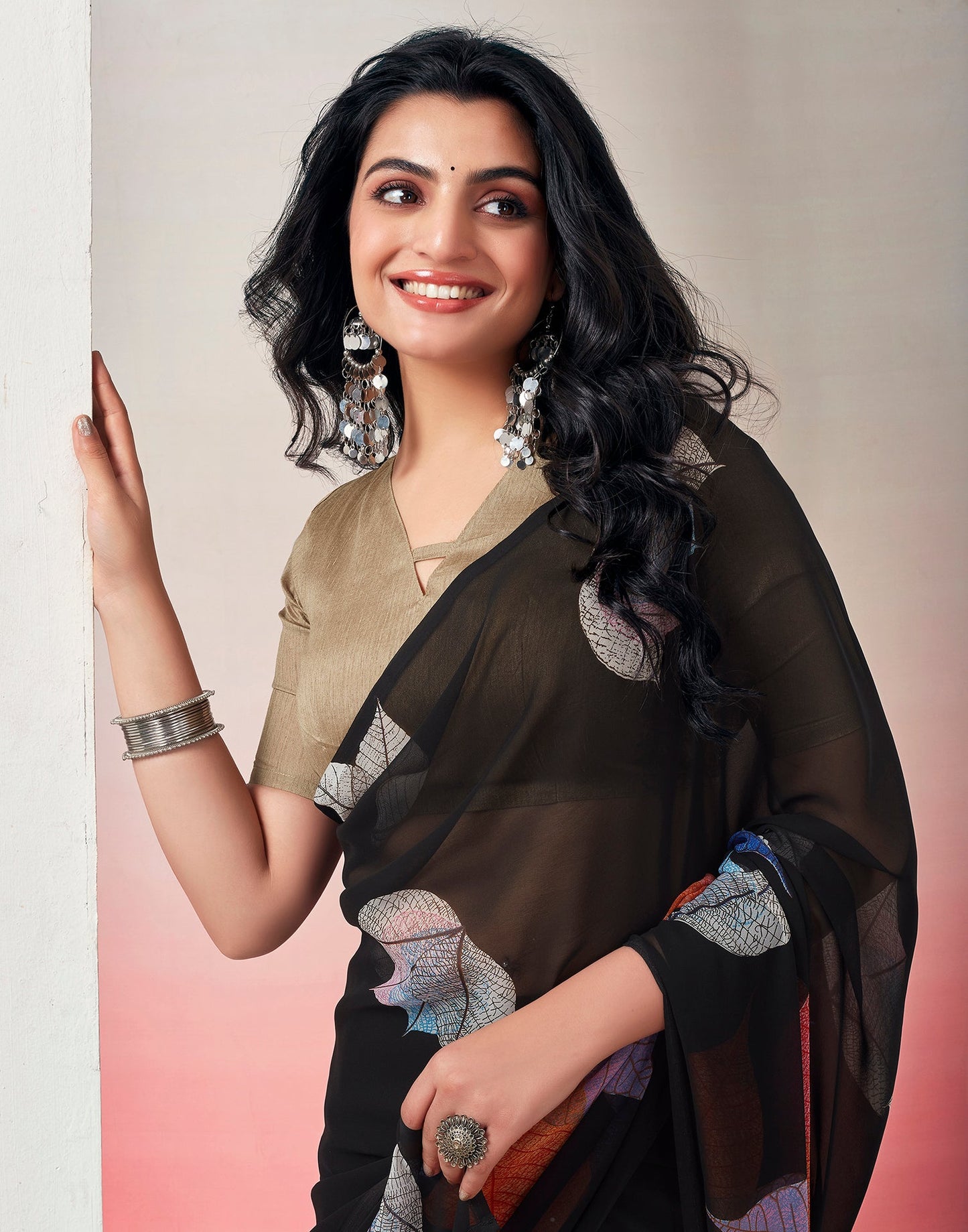 Ready to Wear Black &Multicolour Georgette Printed Saree