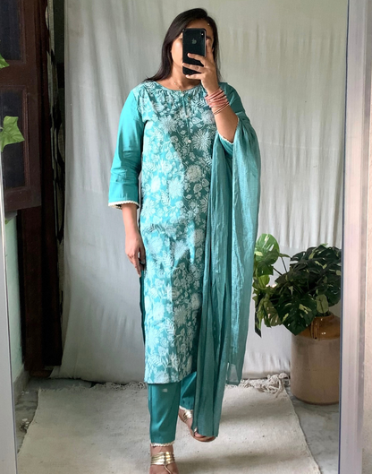 Green Kurti With Pant And Dupatta