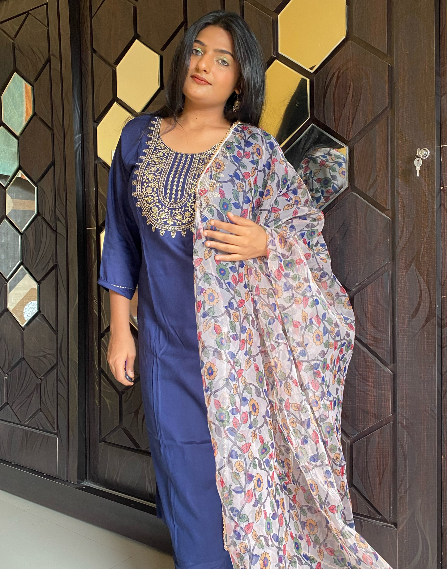 Navy Blue Sequence Straight Kurti With Pant And Dupatta | Leemboodi