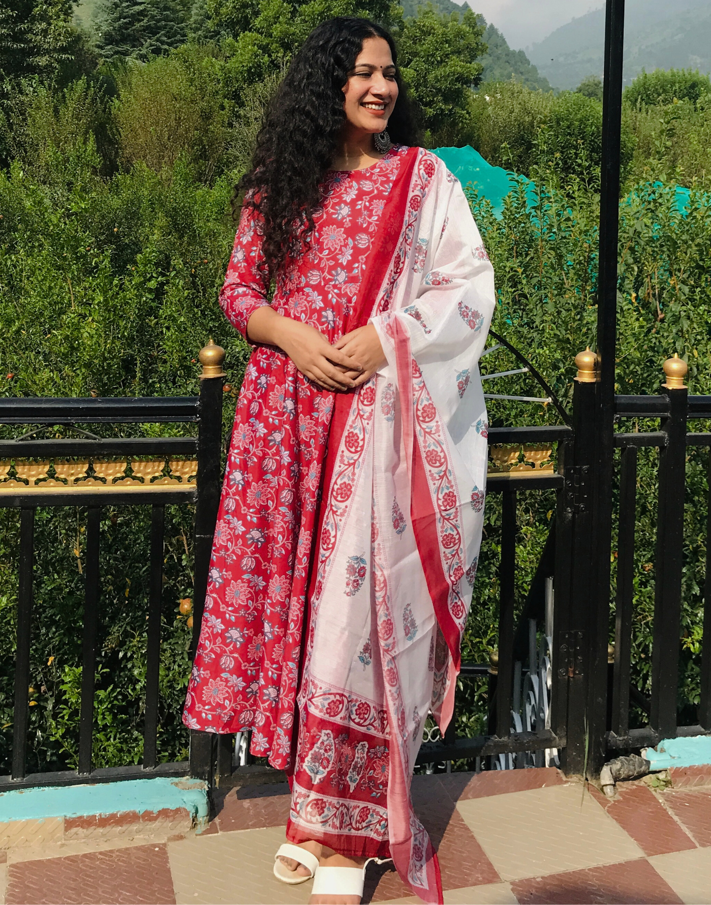 Red Printed Flared Kurta With Pant And Dupatta