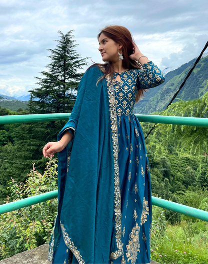 Teal Printed Kurti With Pant And Dupatta | Leemboodi