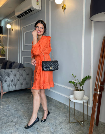 Orange Detailed Ruffle Dress | Leemboodi