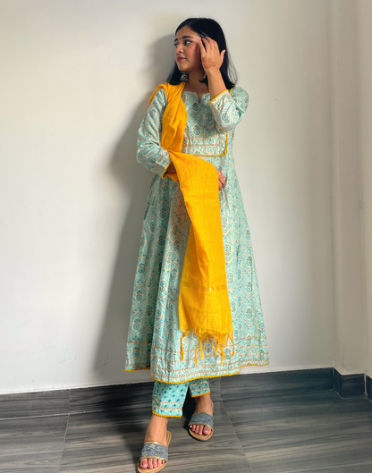 Sky Blue Printed Kurta with Pant and Dupatta | Leemboodi