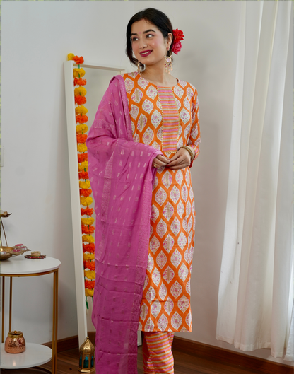 Light Orange Cotton Printed Straight Kurta With Pant And Dupatta