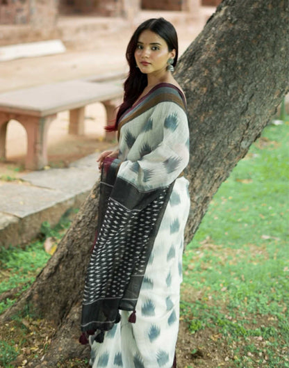 Cream Tassel Printed Cotton Saree | Sudathi