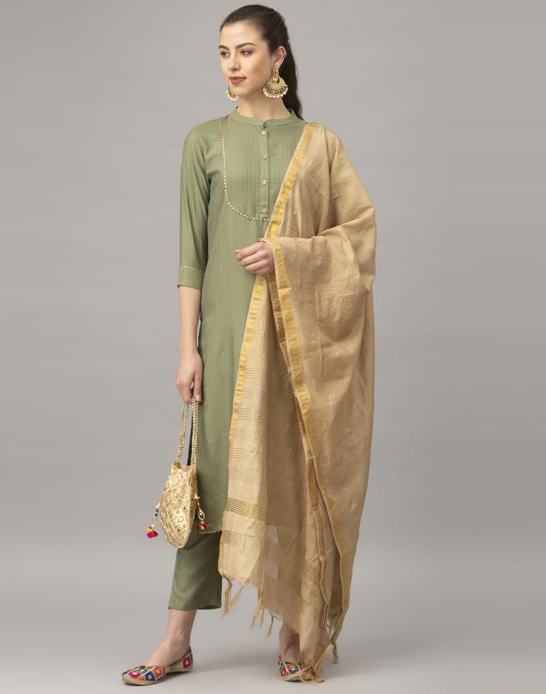 Olive Green Gota Patti Kurti with Pant And Dupatta | Leemboodi