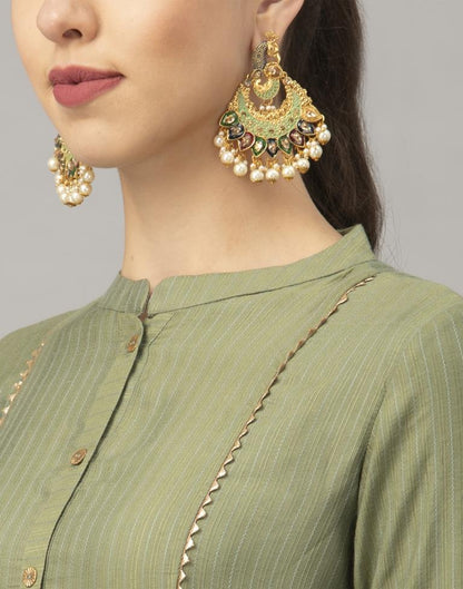 Olive Green Gota Patti Kurti with Pant And Dupatta | Leemboodi