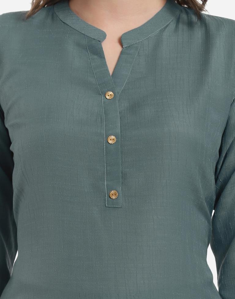 Greyish Teal Kurti with Palazzo And Dupatta | Leemboodi