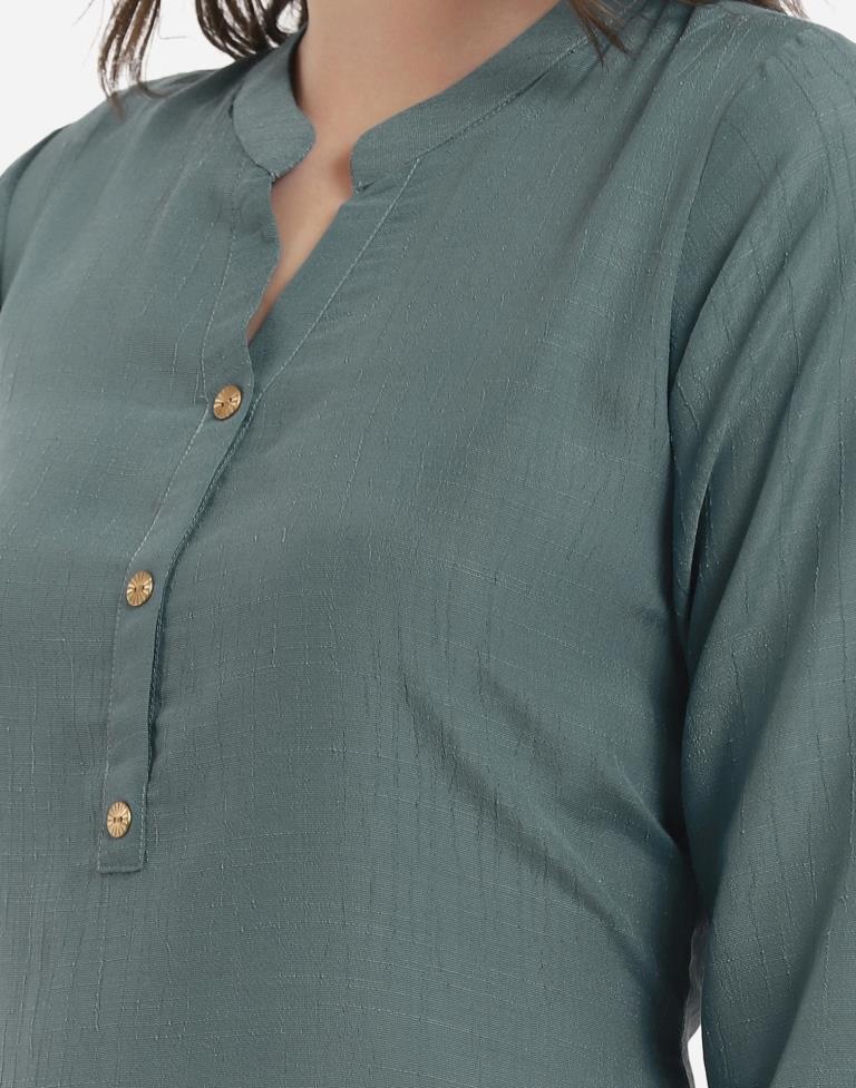 Greyish Teal Kurti with Palazzo And Dupatta | Leemboodi