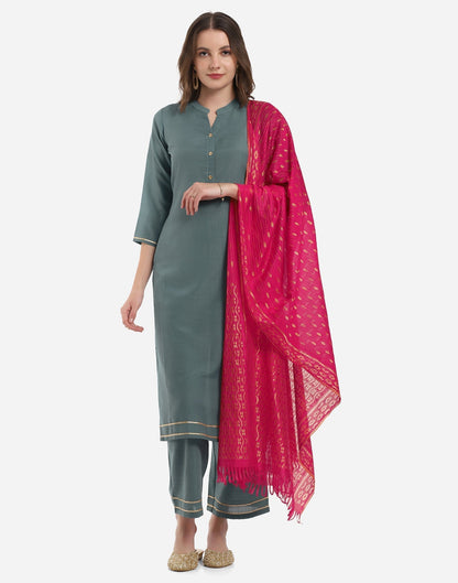 Greyish Teal Kurti with Palazzo And Dupatta | Leemboodi