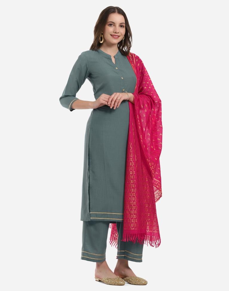 Greyish Teal Kurti with Palazzo And Dupatta | Leemboodi