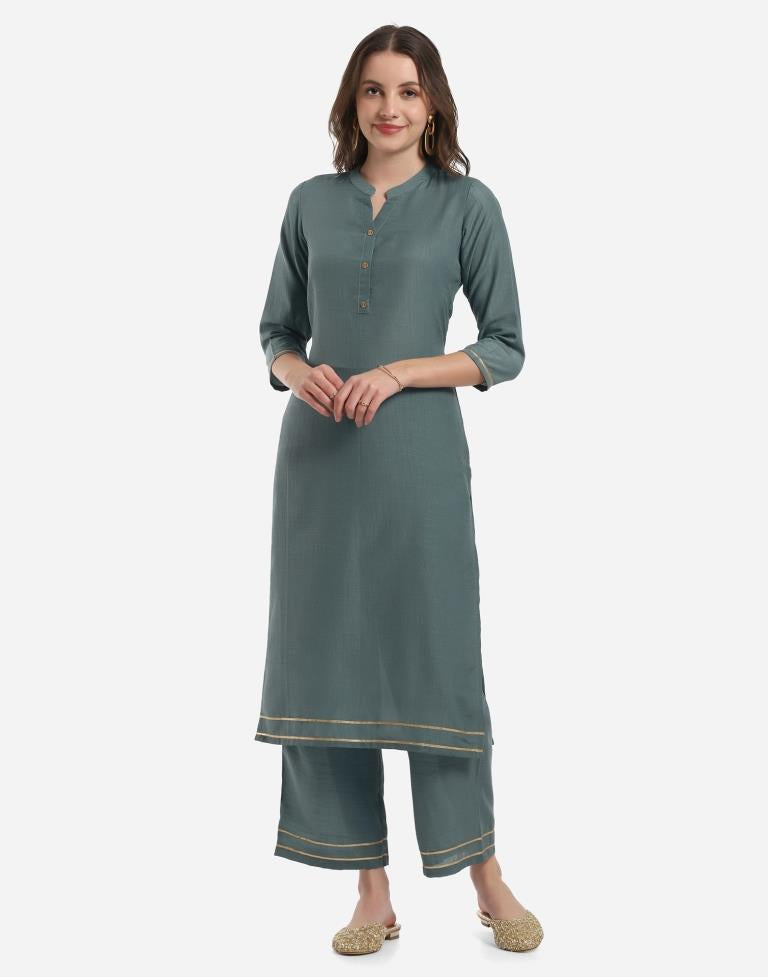 Greyish Teal Kurti with Palazzo And Dupatta | Leemboodi