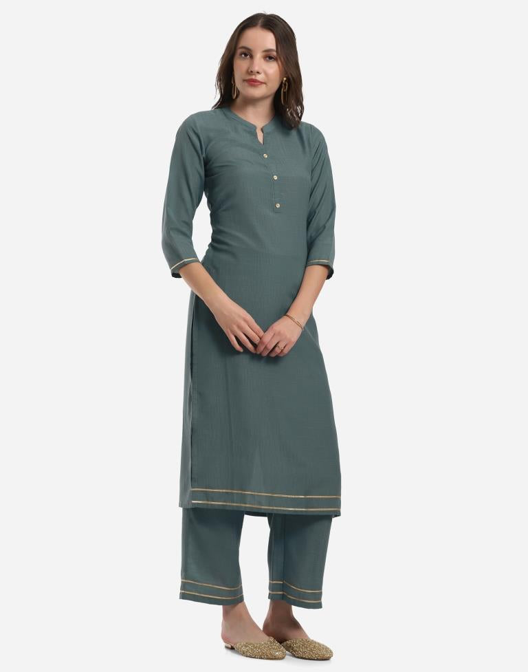 Greyish Teal Kurti with Palazzo And Dupatta | Leemboodi