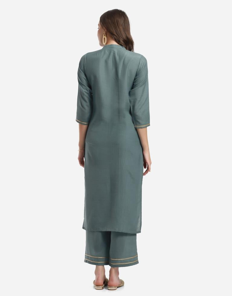 Greyish Teal Kurti with Palazzo And Dupatta | Leemboodi