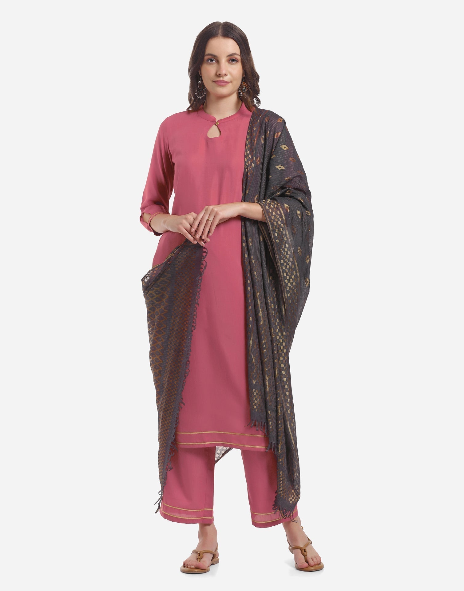 Onion Pink Kurti with Palazzo And Dupatta | Leemboodi