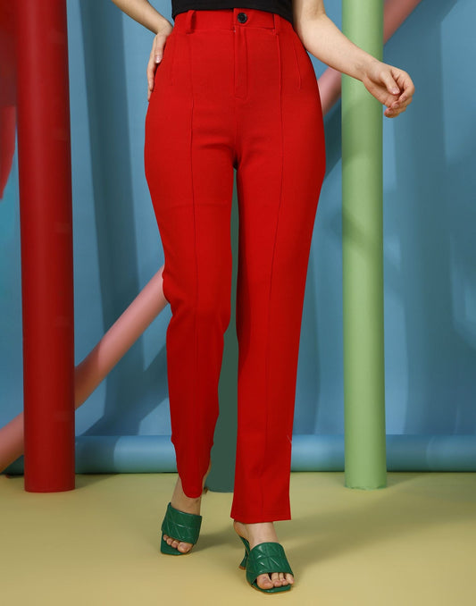 Red Pin Tuck Straight Fit Trouser | Sudathi