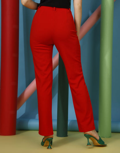 Red Pin Tuck Straight Fit Trouser | Sudathi