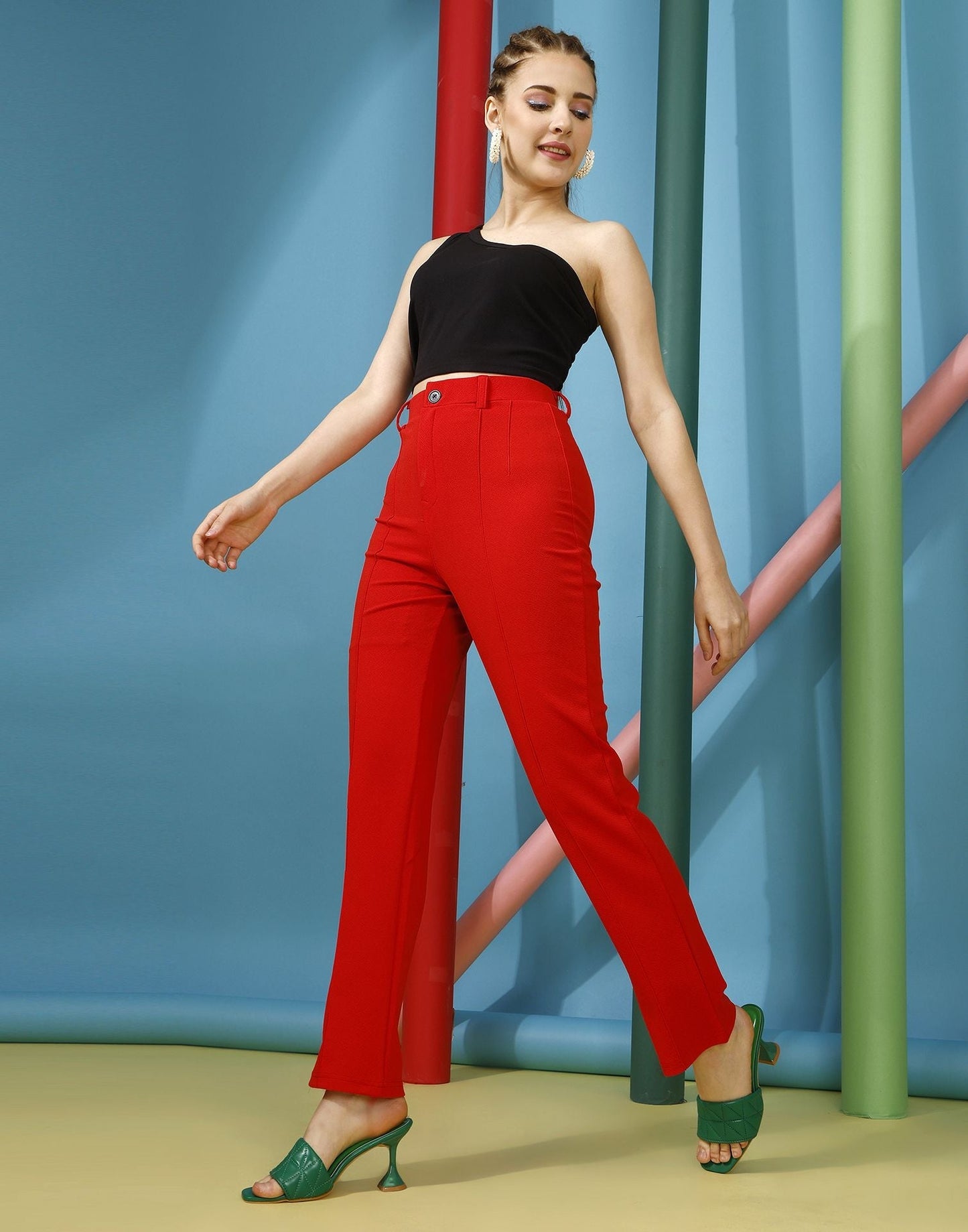 Red Pin Tuck Straight Fit Trouser | Sudathi