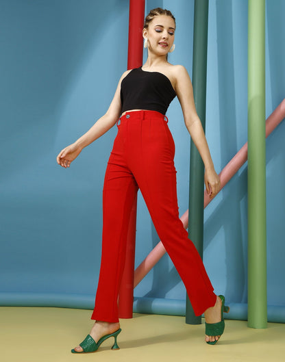 Red Pin Tuck Straight Fit Trouser | Sudathi