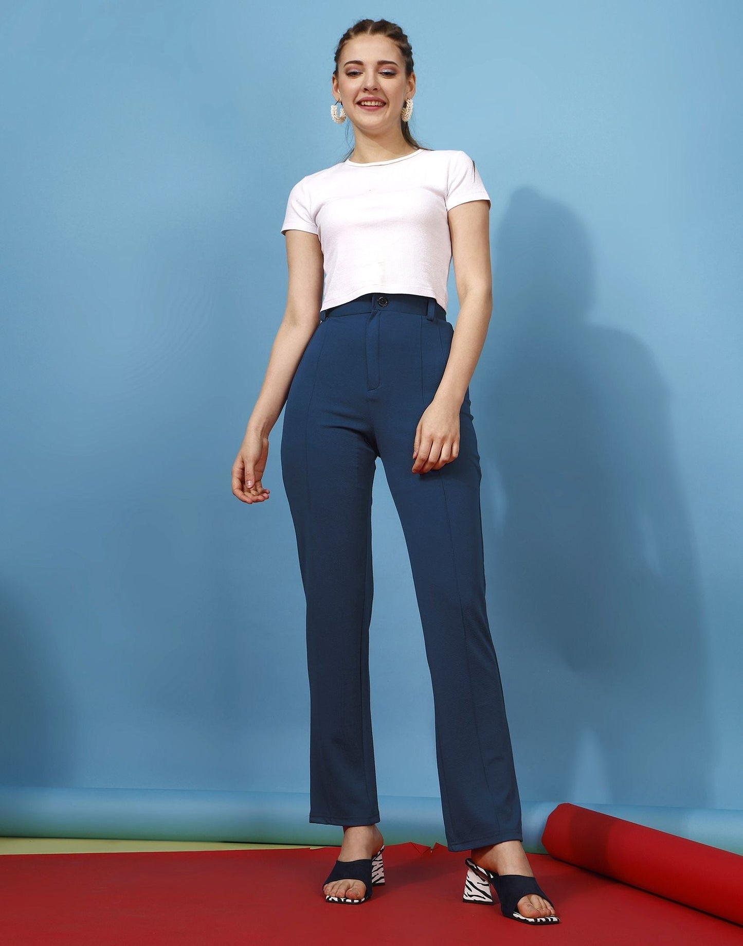 Teal Pin Tuck Straight Fit Trouser | Sudathi