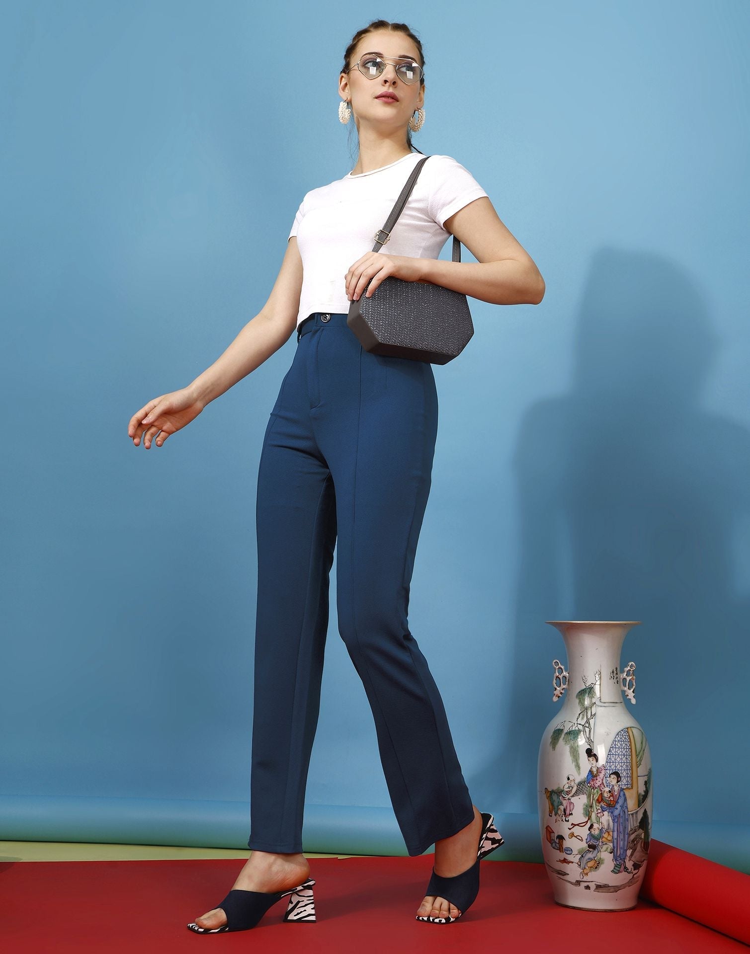 Teal Pin Tuck Straight Fit Trouser | Sudathi