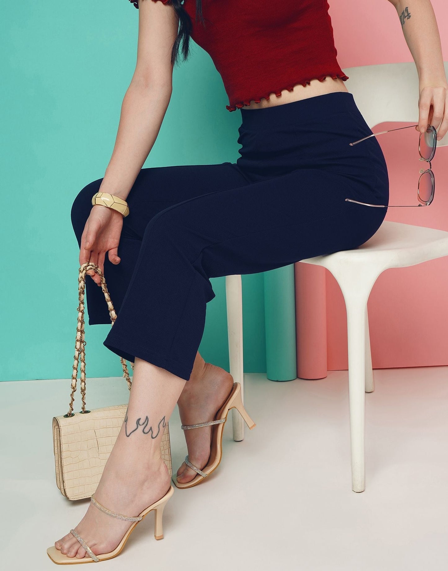 Blue Pin Tuck Ankle Length Trouser | Sudathi