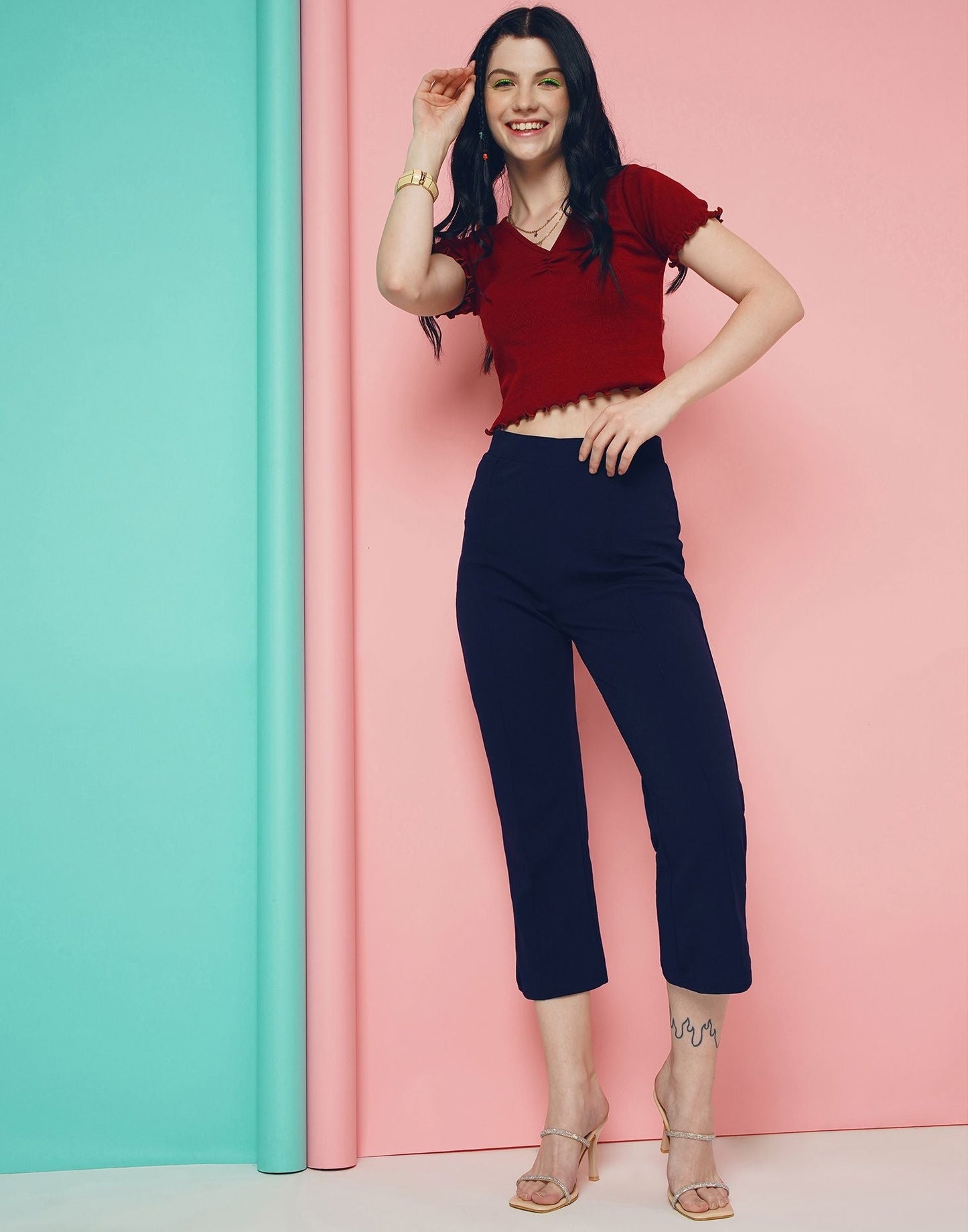 Blue Pin Tuck Ankle Length Trouser | Sudathi