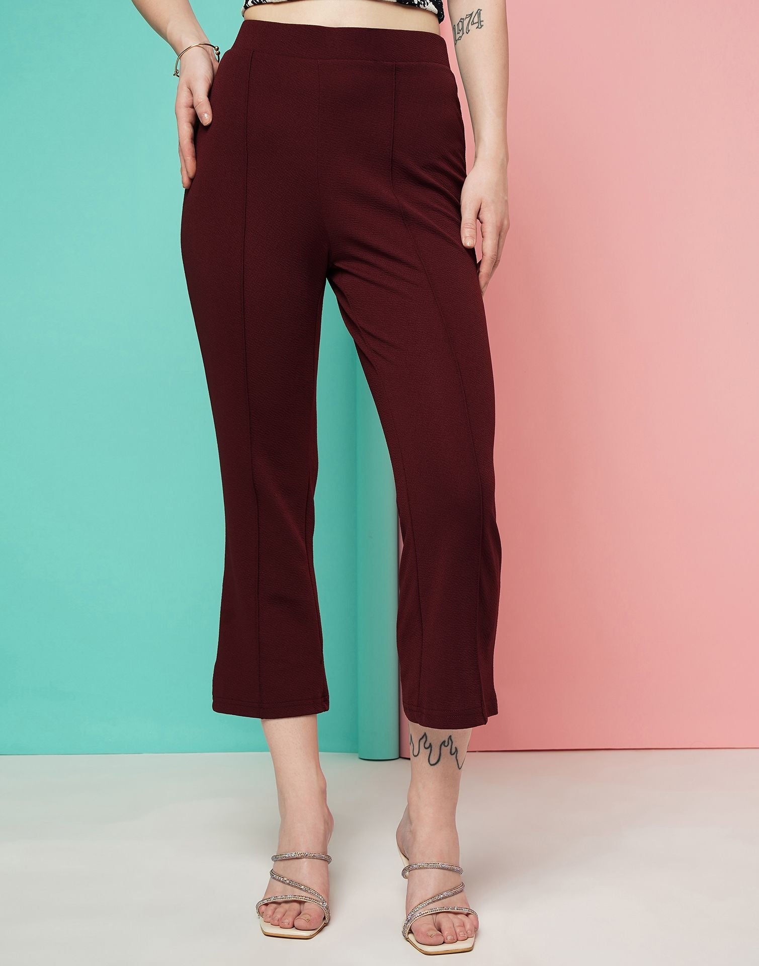 Maroon Pin Tuck Ankle Length Trouser | Sudathi