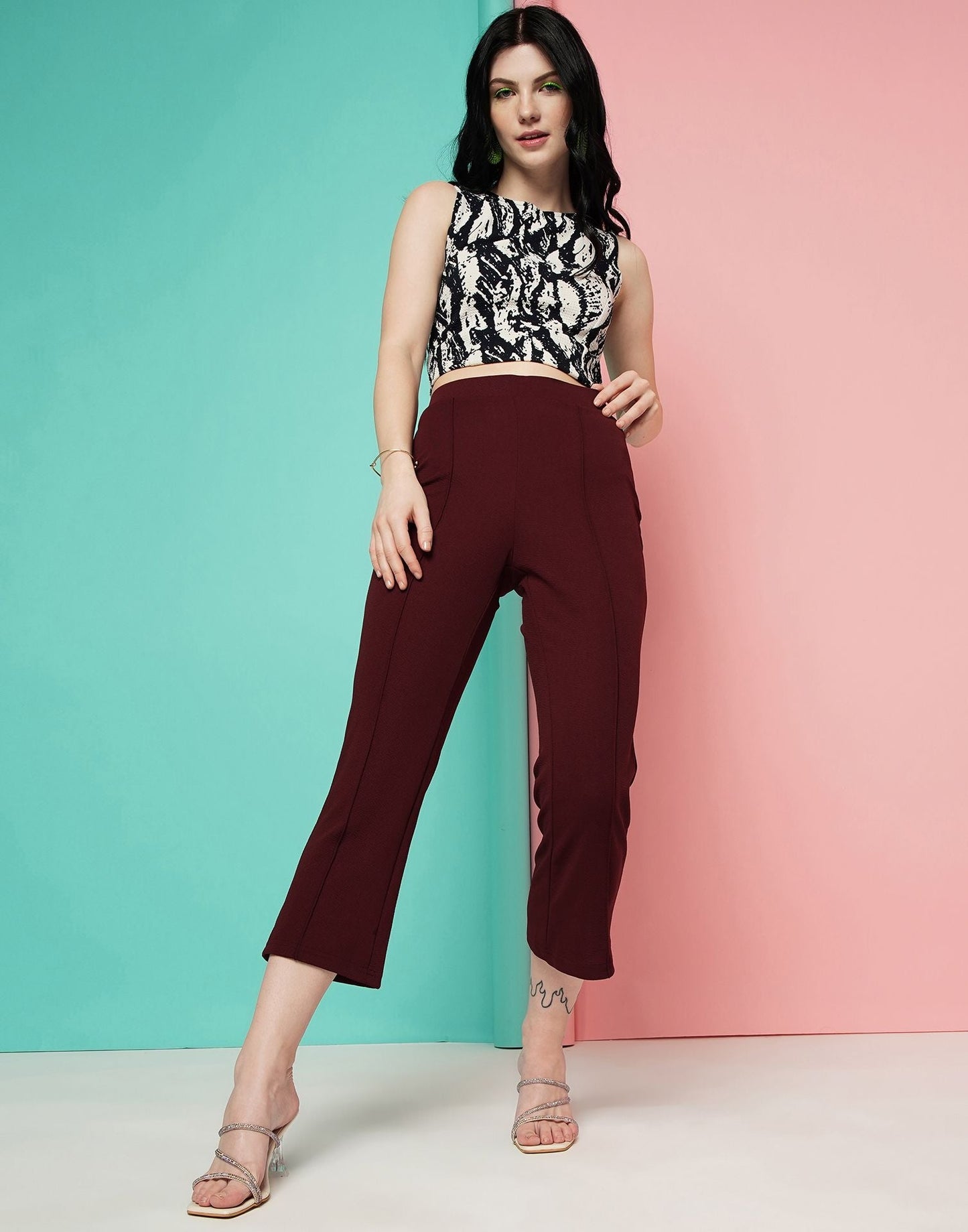 Maroon Pin Tuck Ankle Length Trouser | Sudathi