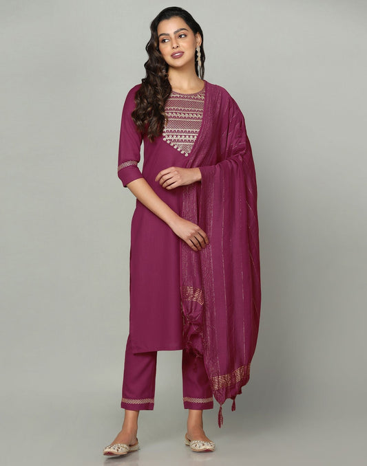 Maroon Cotton Embroidery Straight Kurti With Pant And Dupatta | Sudathi