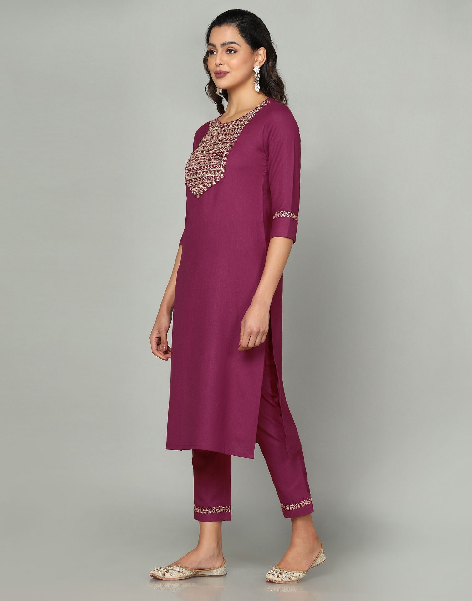 Maroon Cotton Embroidery Straight Kurti With Pant And Dupatta | Sudathi